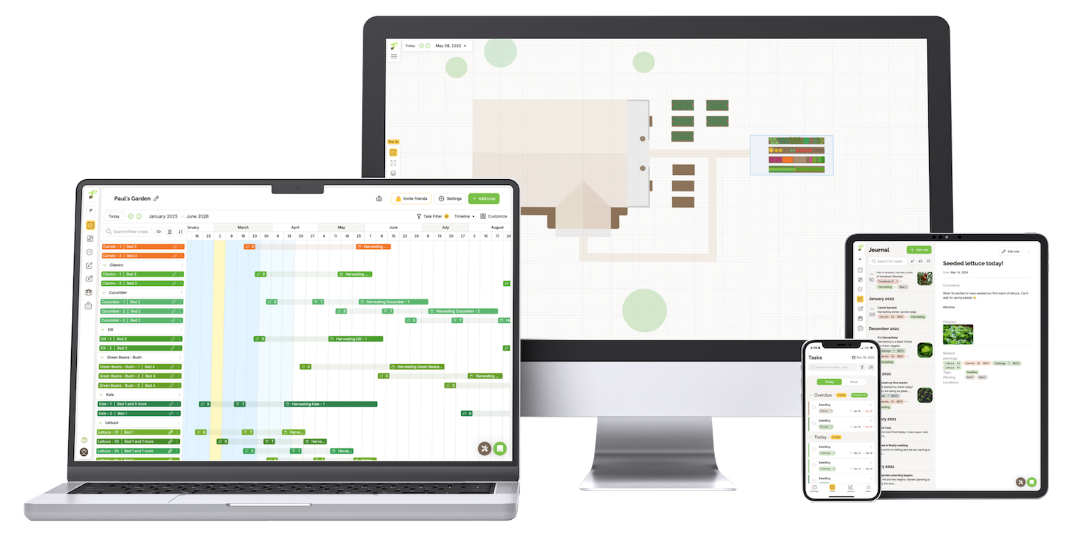 Seedtime on a laptop, desktop, tablet, and phone, showing the planting calendar, the garden layout, the task list, and the journal